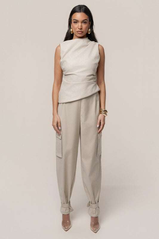 Beige Sleeveless Mock Neck Top