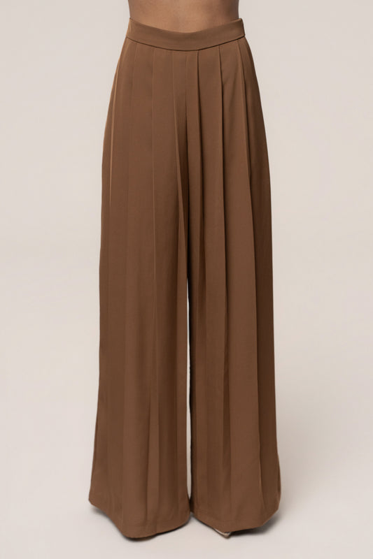 Brown Clara Wide Leg Pleated Trousers
