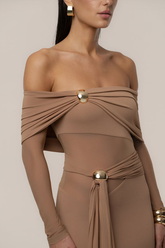 Beige Glow State Drape Dress