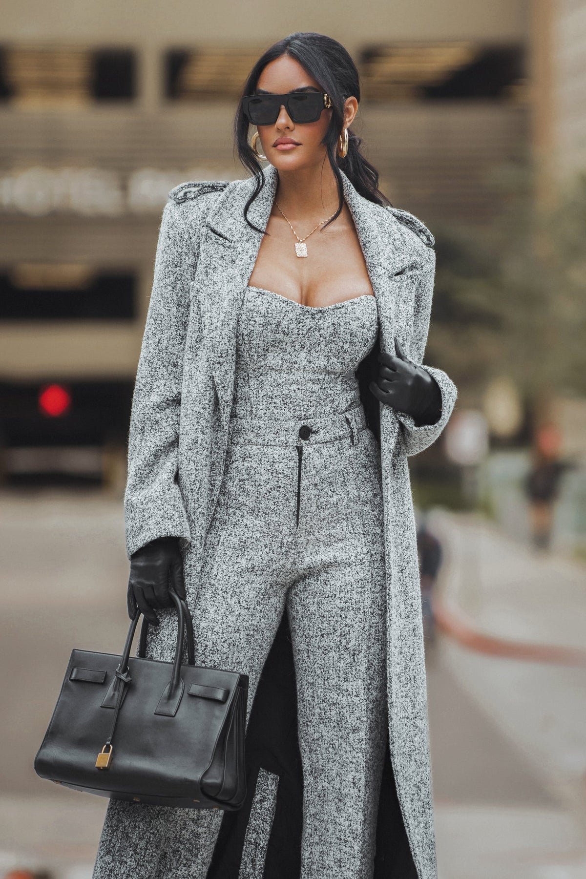 Lt. Grey Savannah Belted Tweed Coat