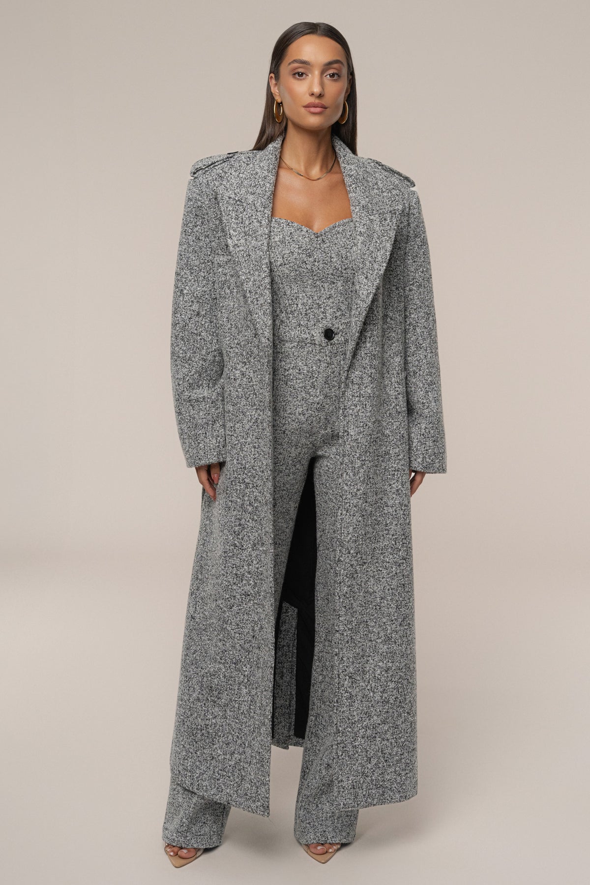 Lt. Grey Savannah Belted Tweed Coat