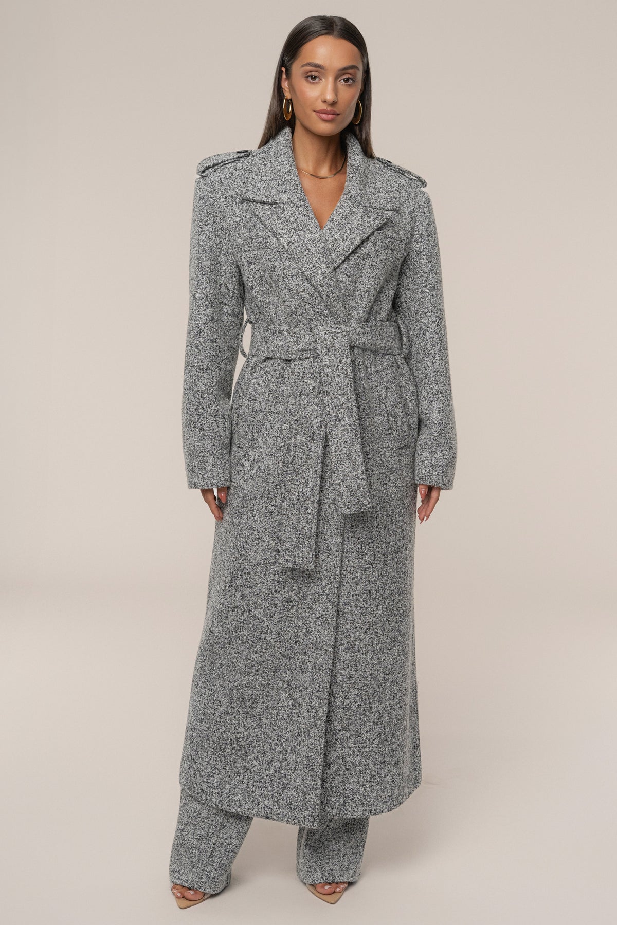 Lt. Grey Savannah Belted Tweed Coat