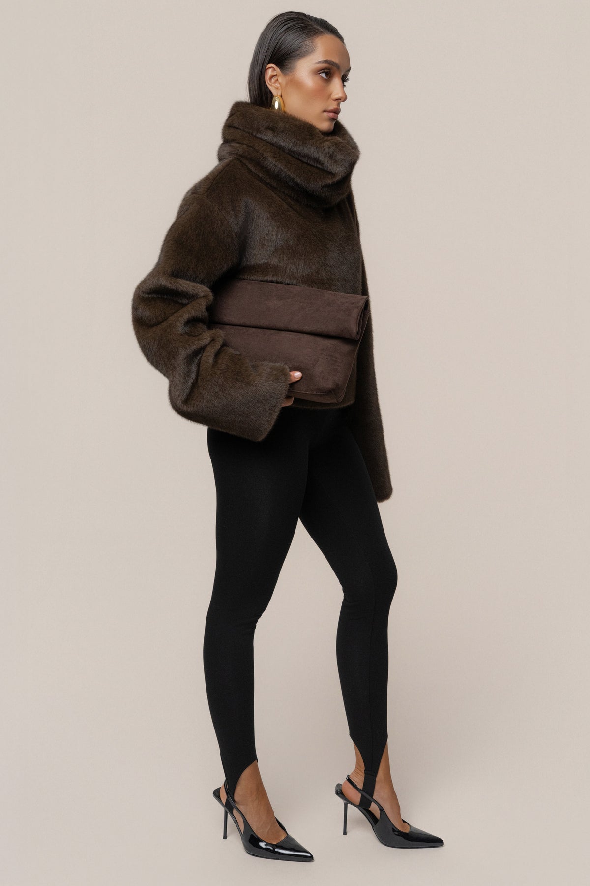 Brown Polished Faux Fur Pullover