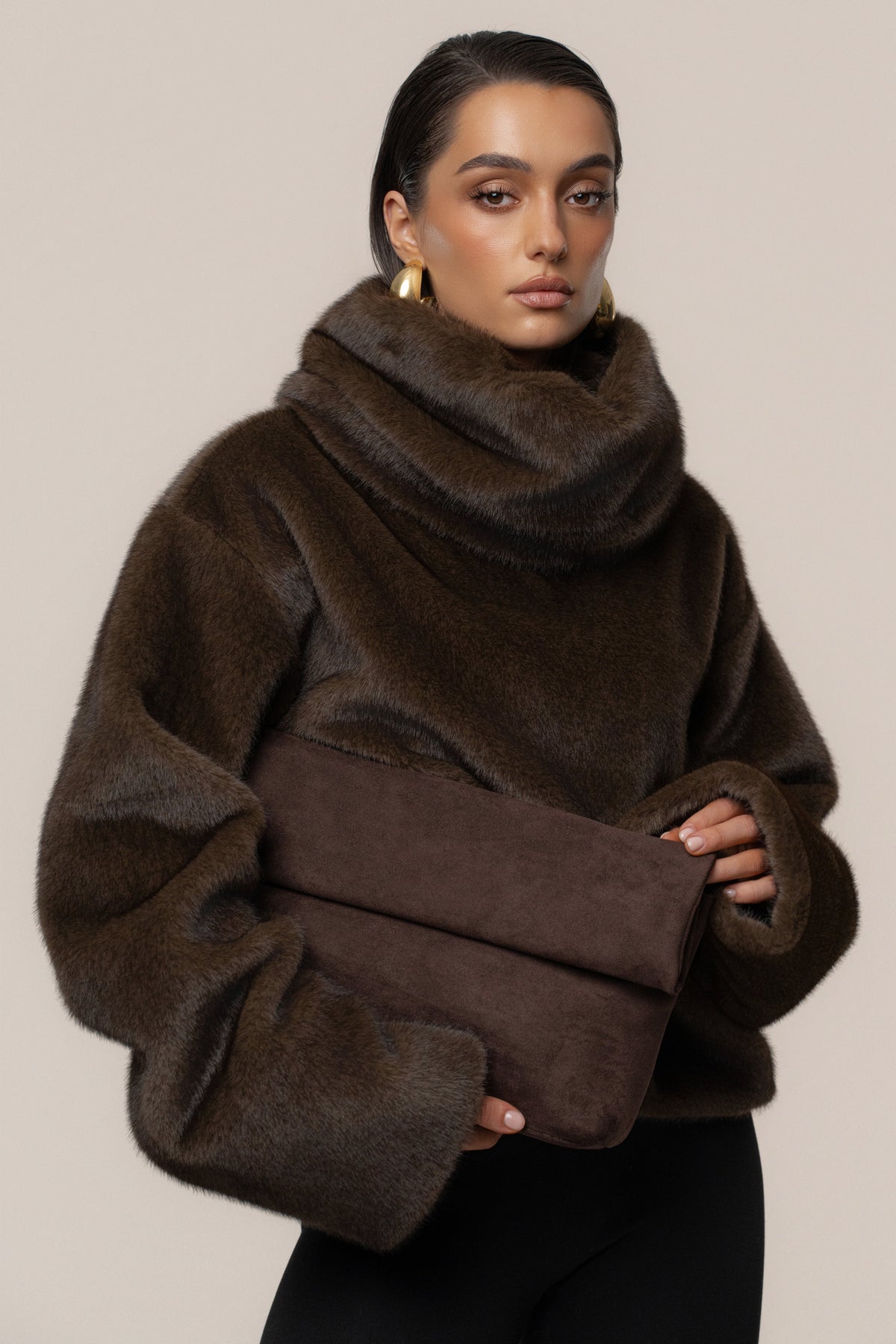 Brown Polished Faux Fur Pullover