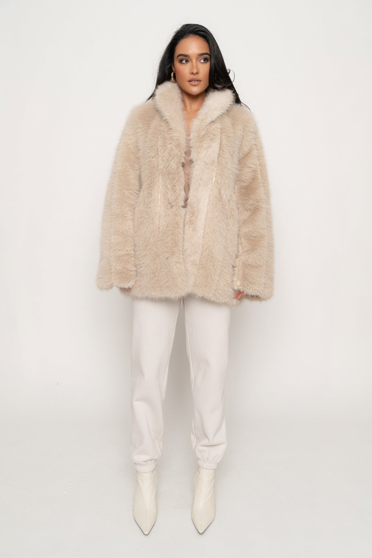 Beige Cropped Manhattan Faux Fur Coat