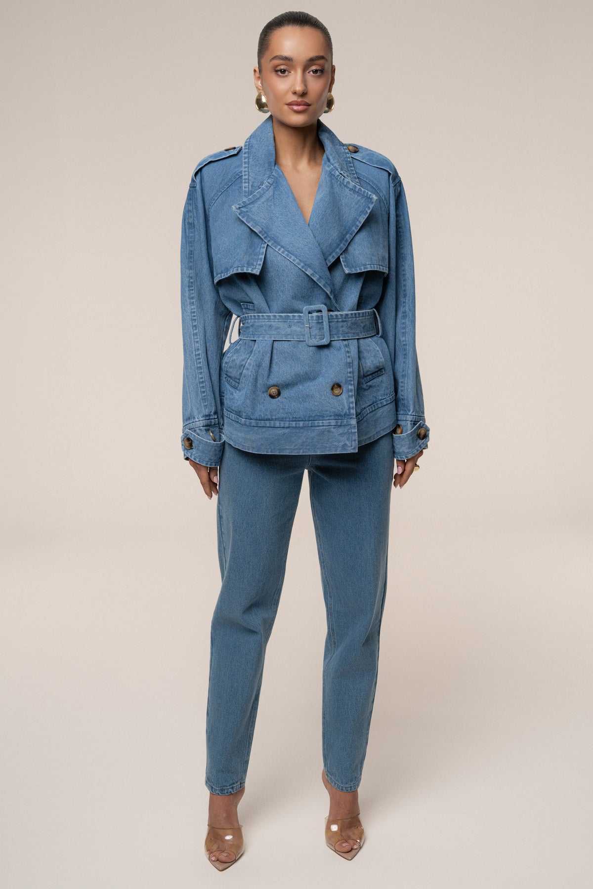 Medium Wash Double Breasted Denim Jacket