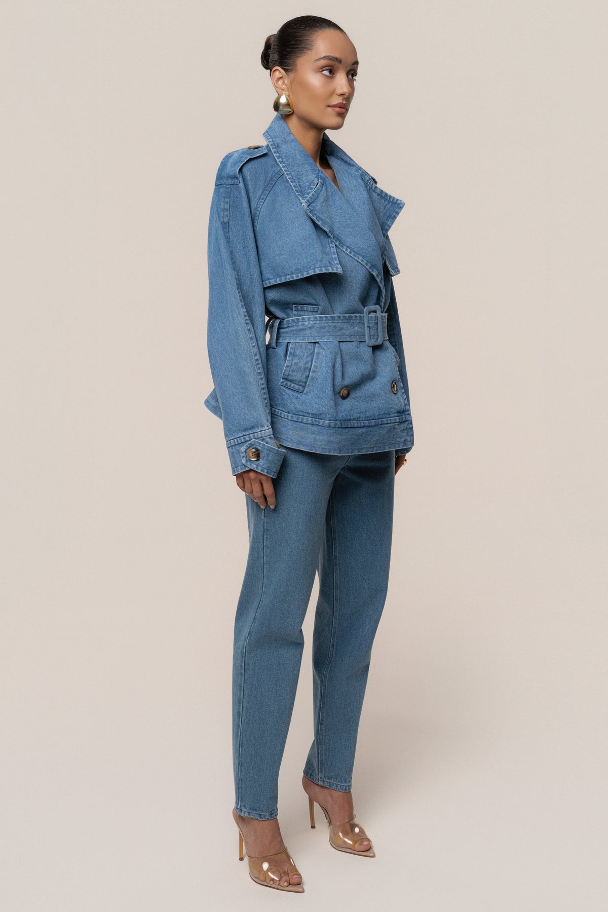 Medium Wash Double Breasted Denim Jacket