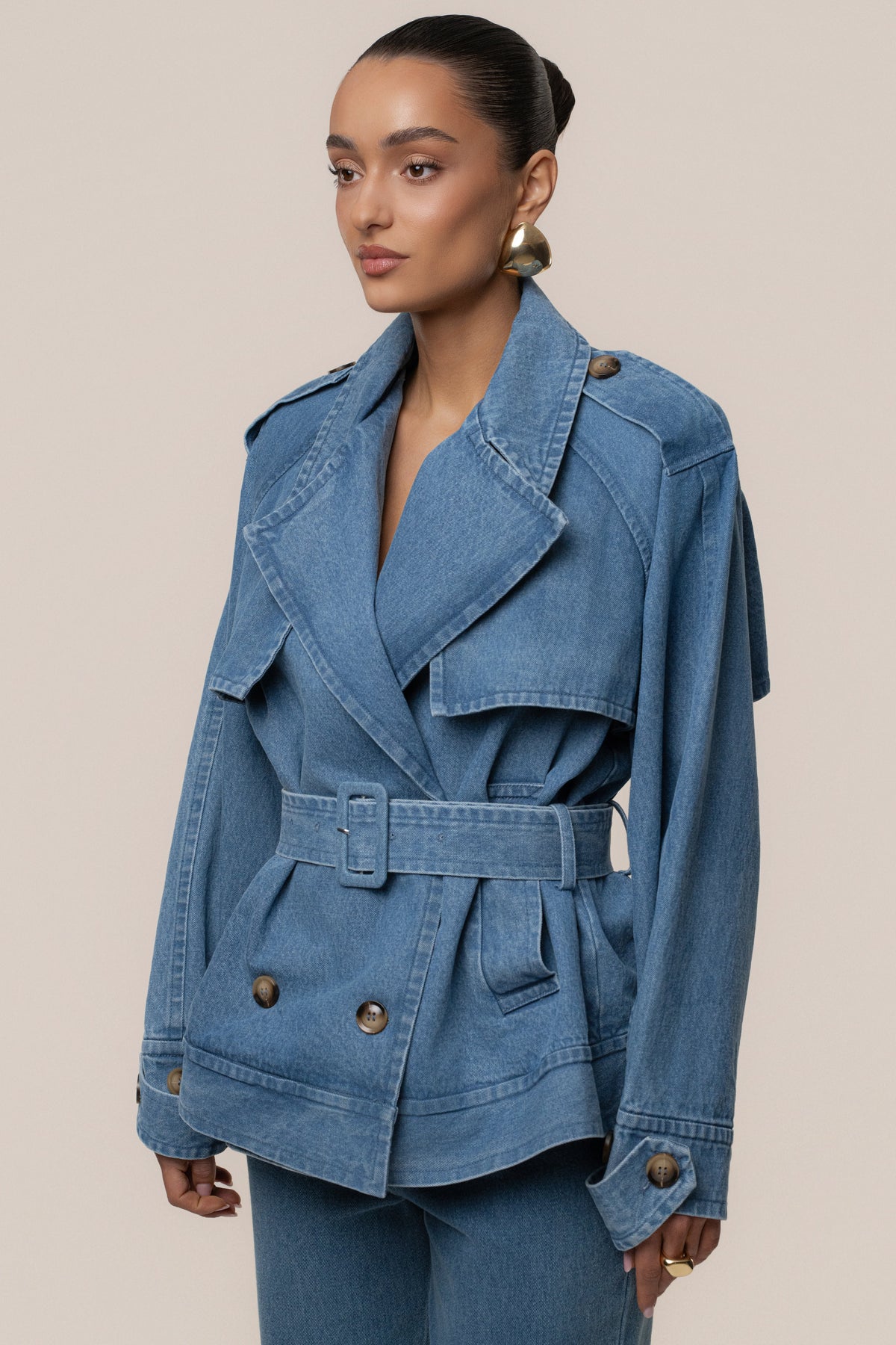 Medium Wash Double Breasted Denim Jacket