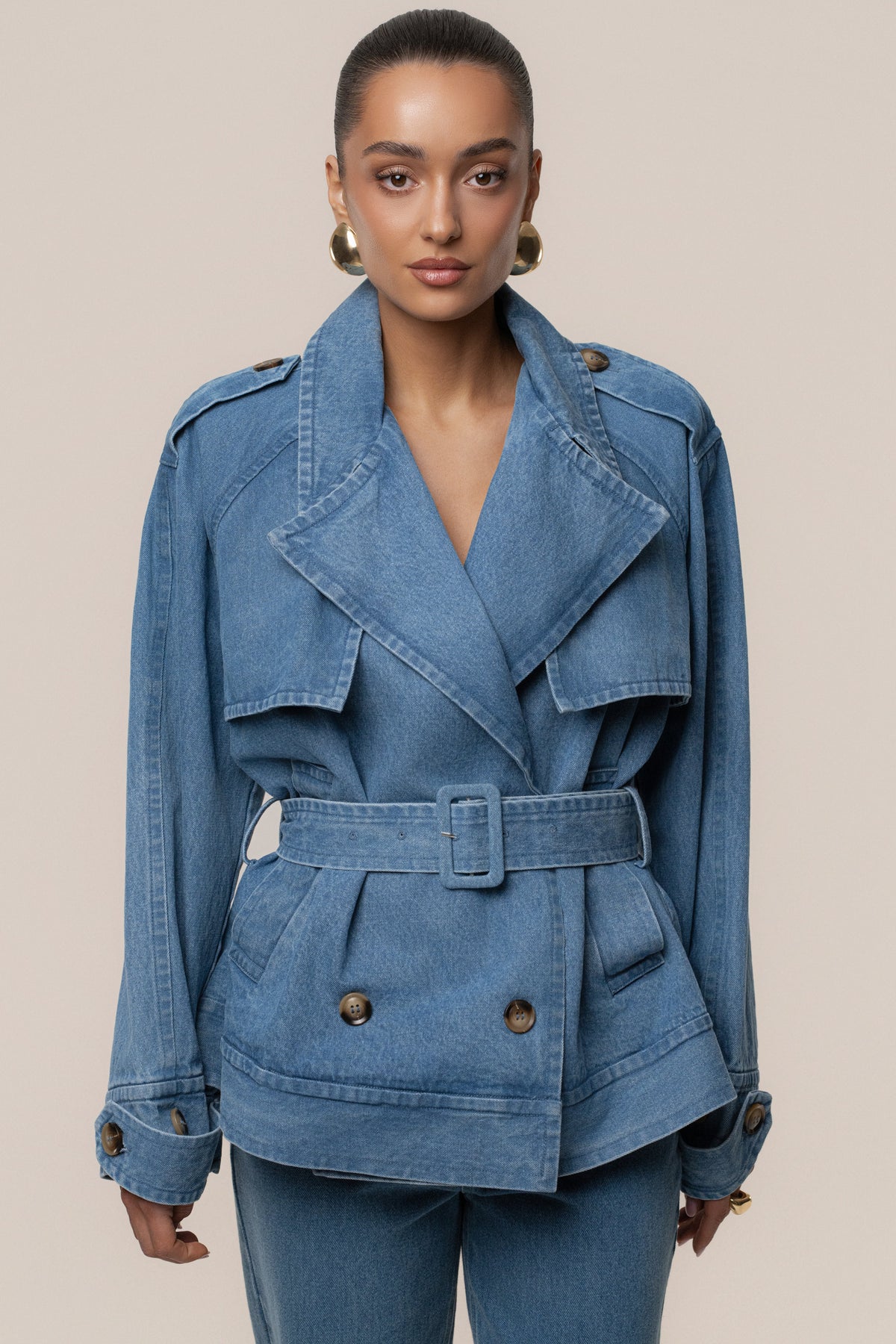 Medium Wash Double Breasted Denim Jacket