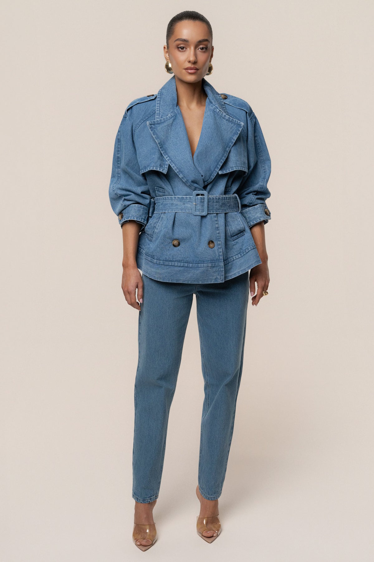 Medium Wash Double Breasted Denim Jacket