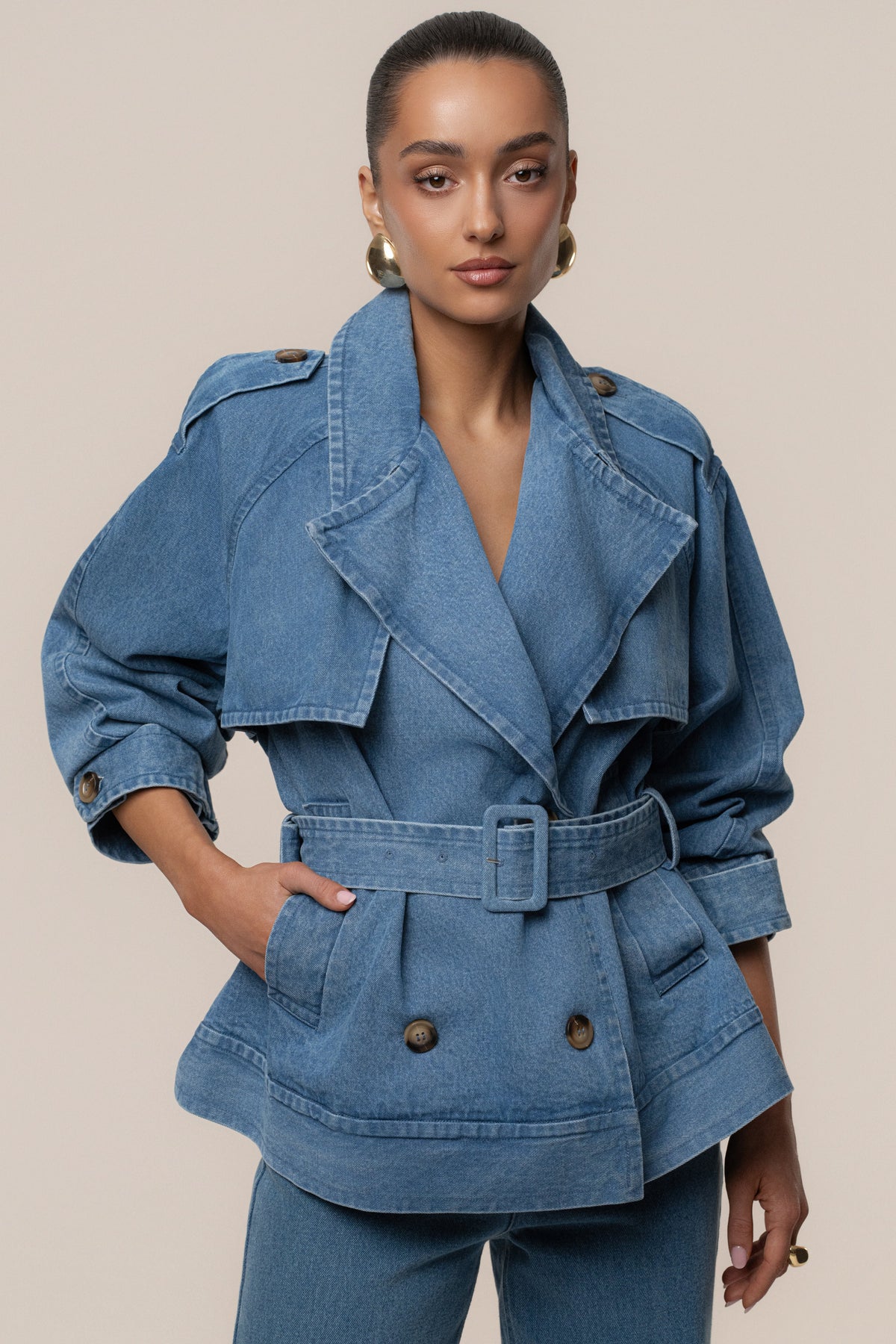 Medium Wash Double Breasted Denim Jacket