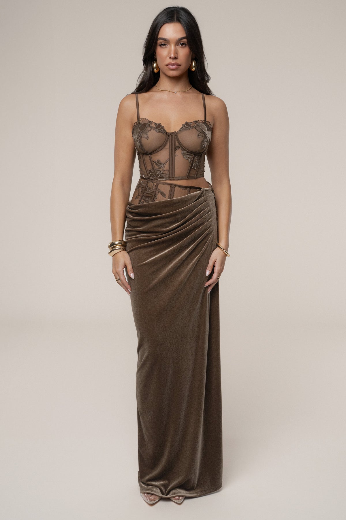 Dark Taupe Velvet And Lace Maxi Skirt