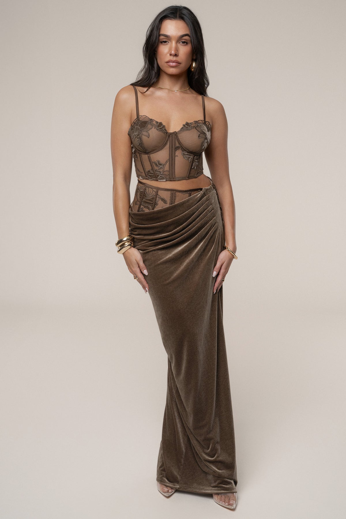 Dark Taupe Velvet And Lace Maxi Skirt