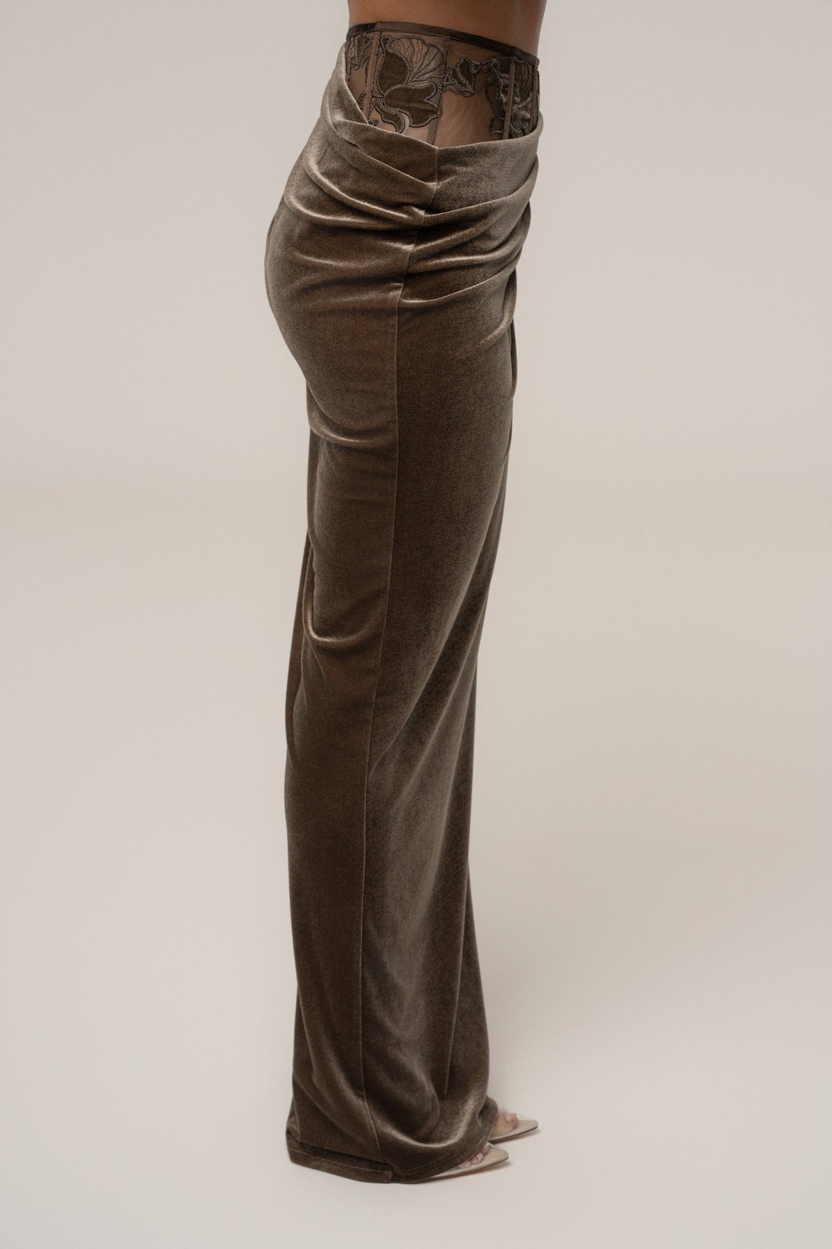 Dark Taupe Velvet And Lace Maxi Skirt