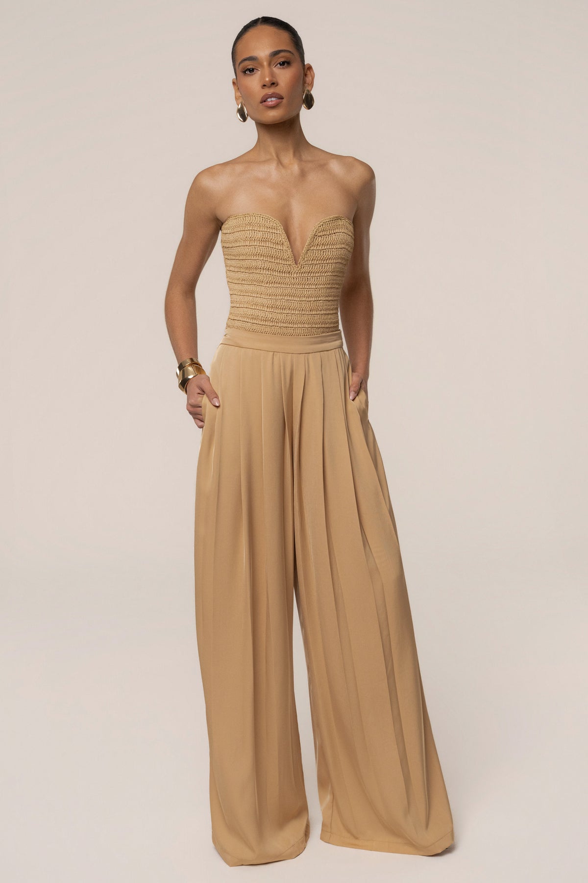 Beige Clara Wide Leg Pleated Trousers