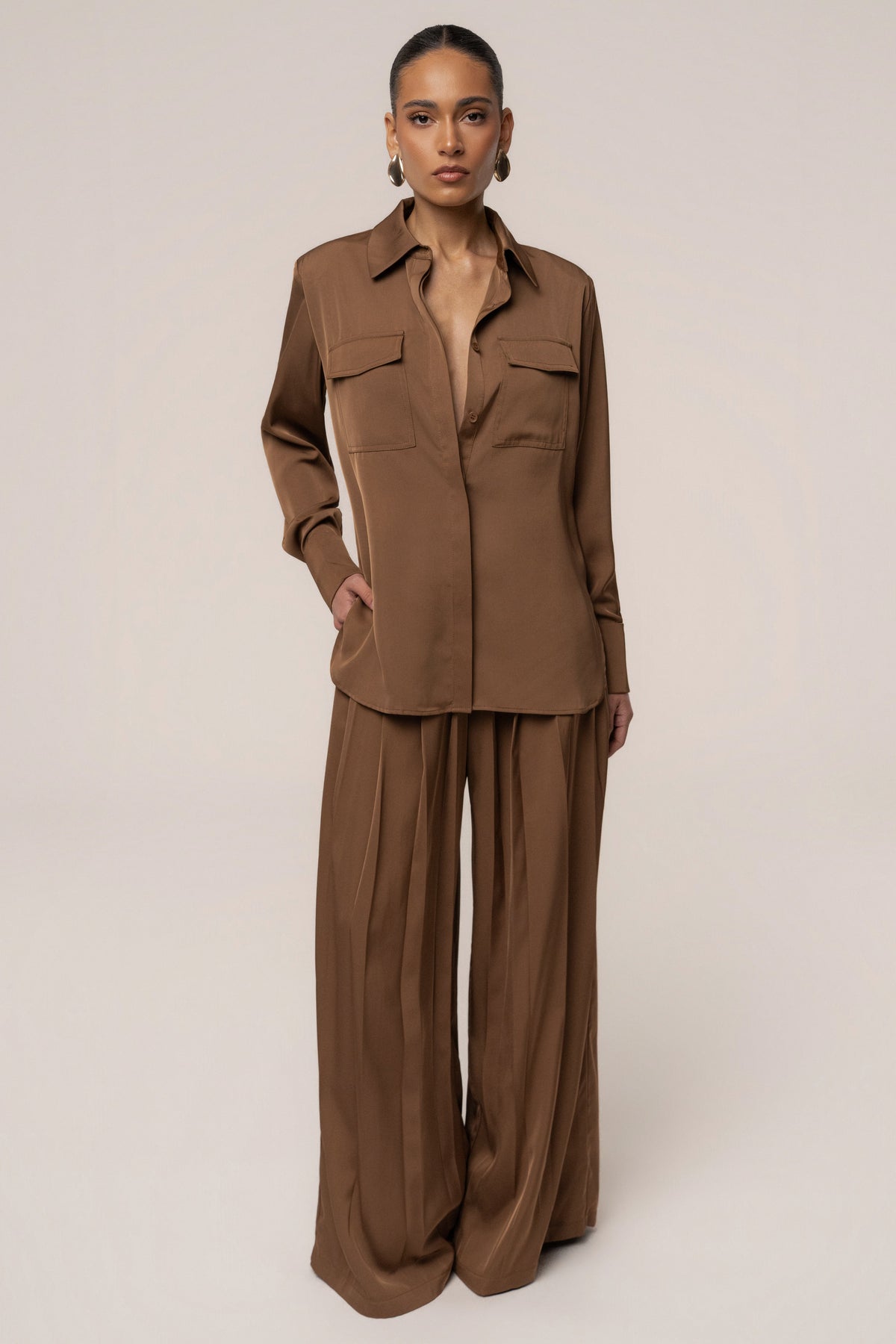 Brown Clara Wide Leg Pleated Trousers