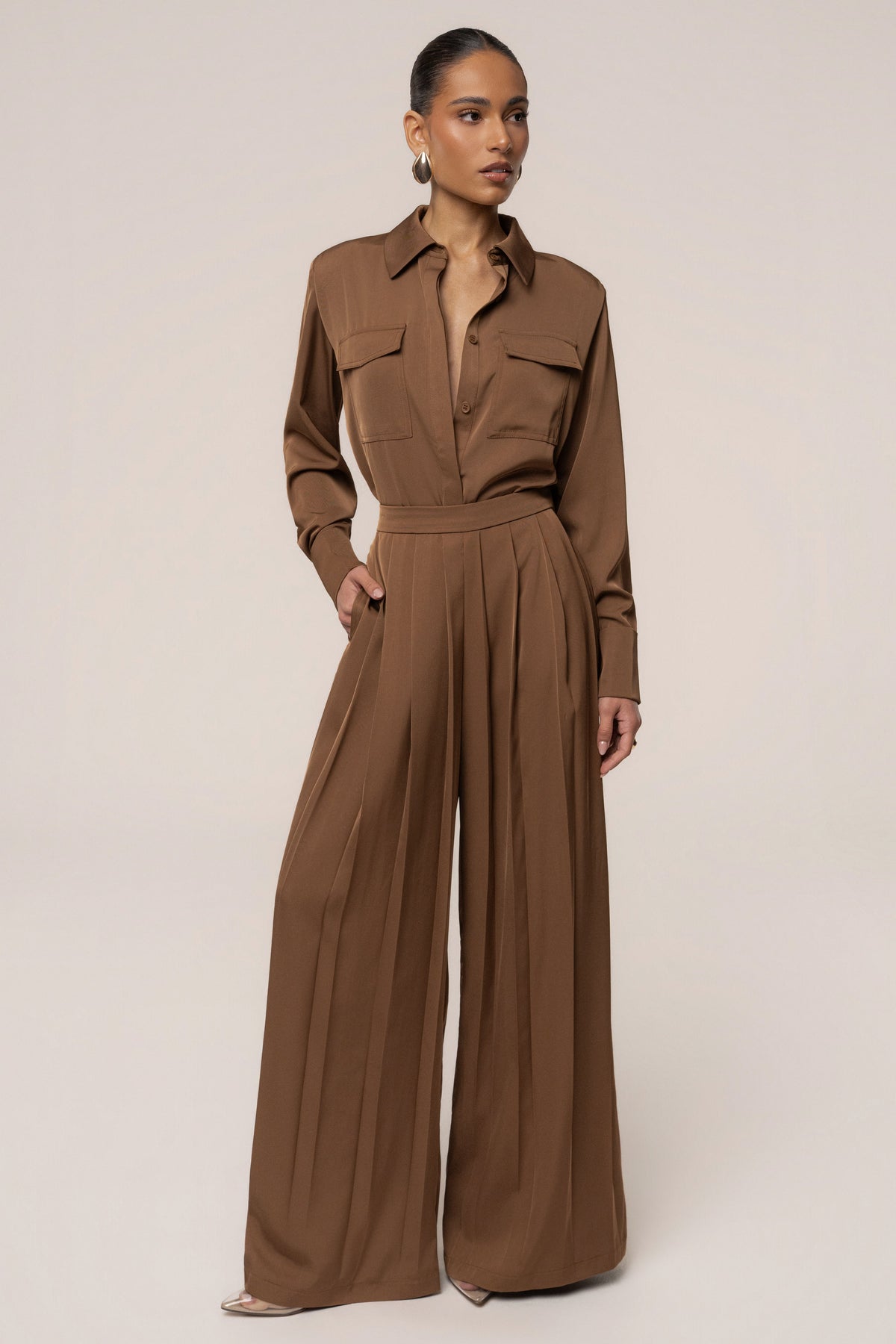 Brown Clara Wide Leg Pleated Trousers
