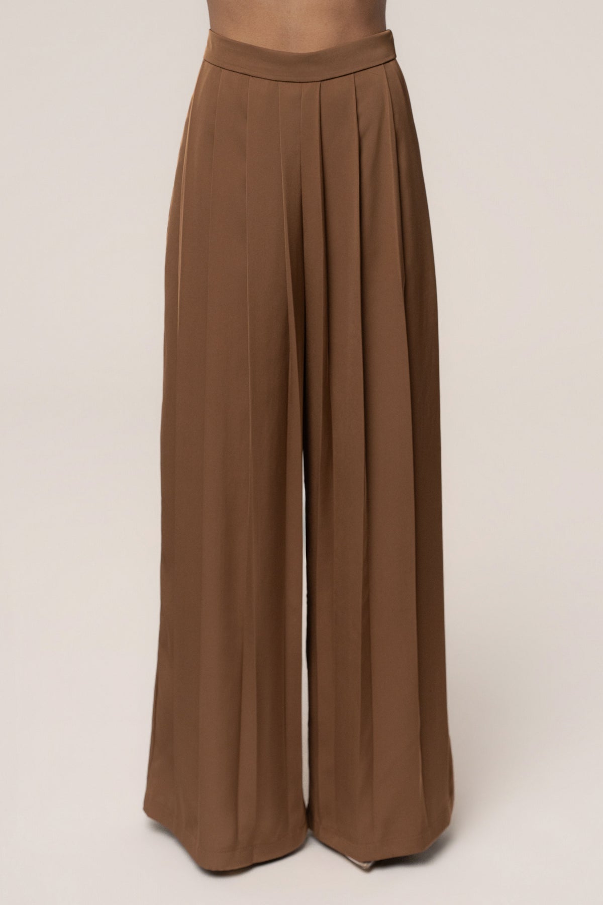 Brown Clara Wide Leg Pleated Trousers