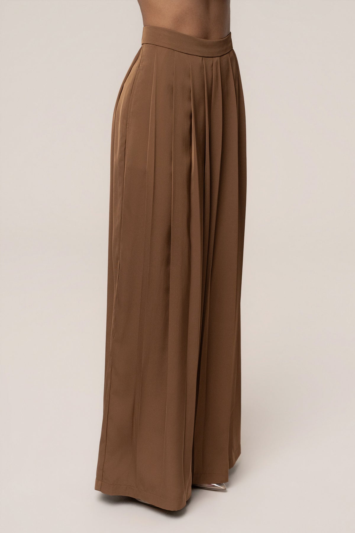 Brown Clara Wide Leg Pleated Trousers