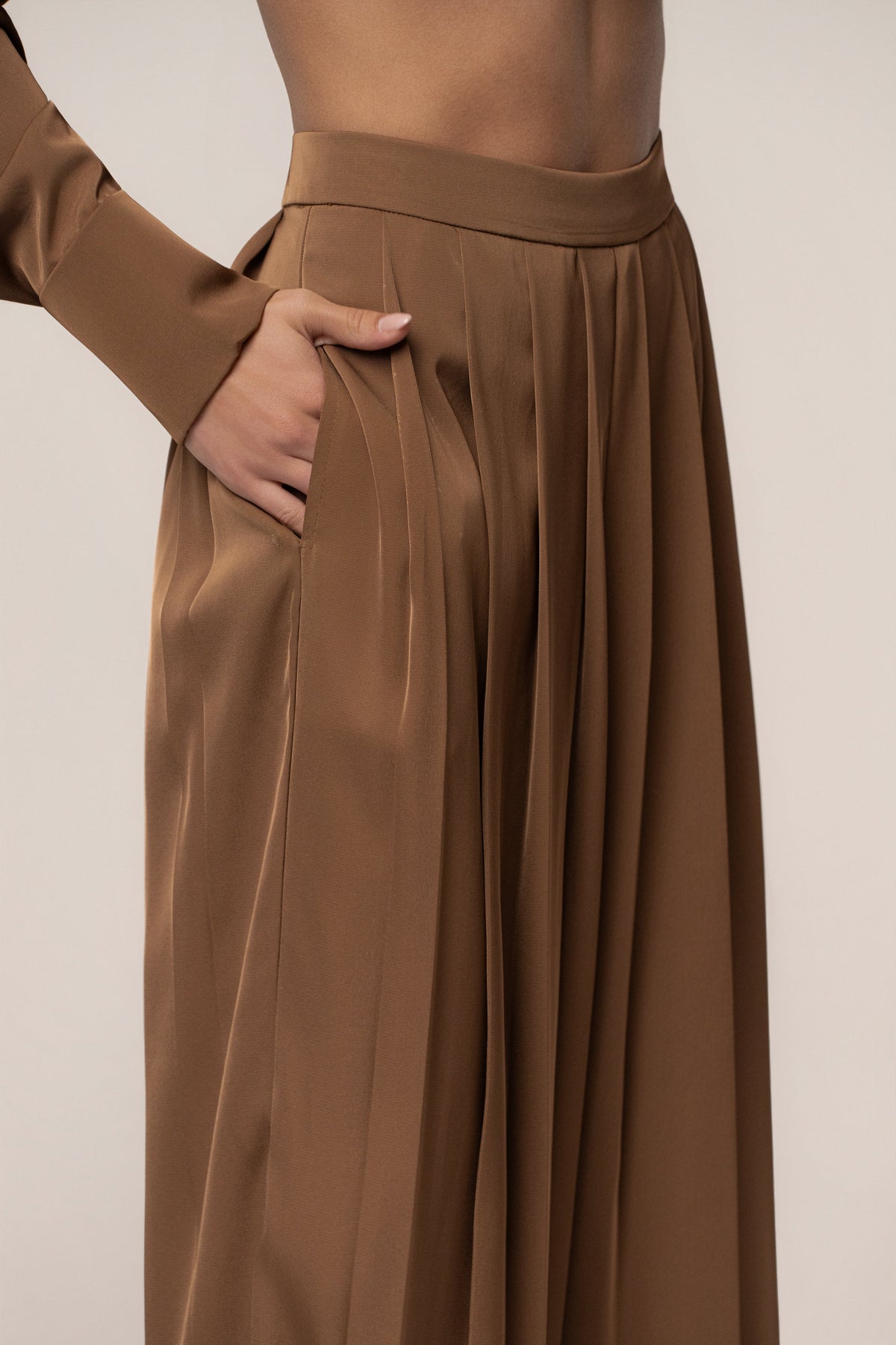 Brown Clara Wide Leg Pleated Trousers
