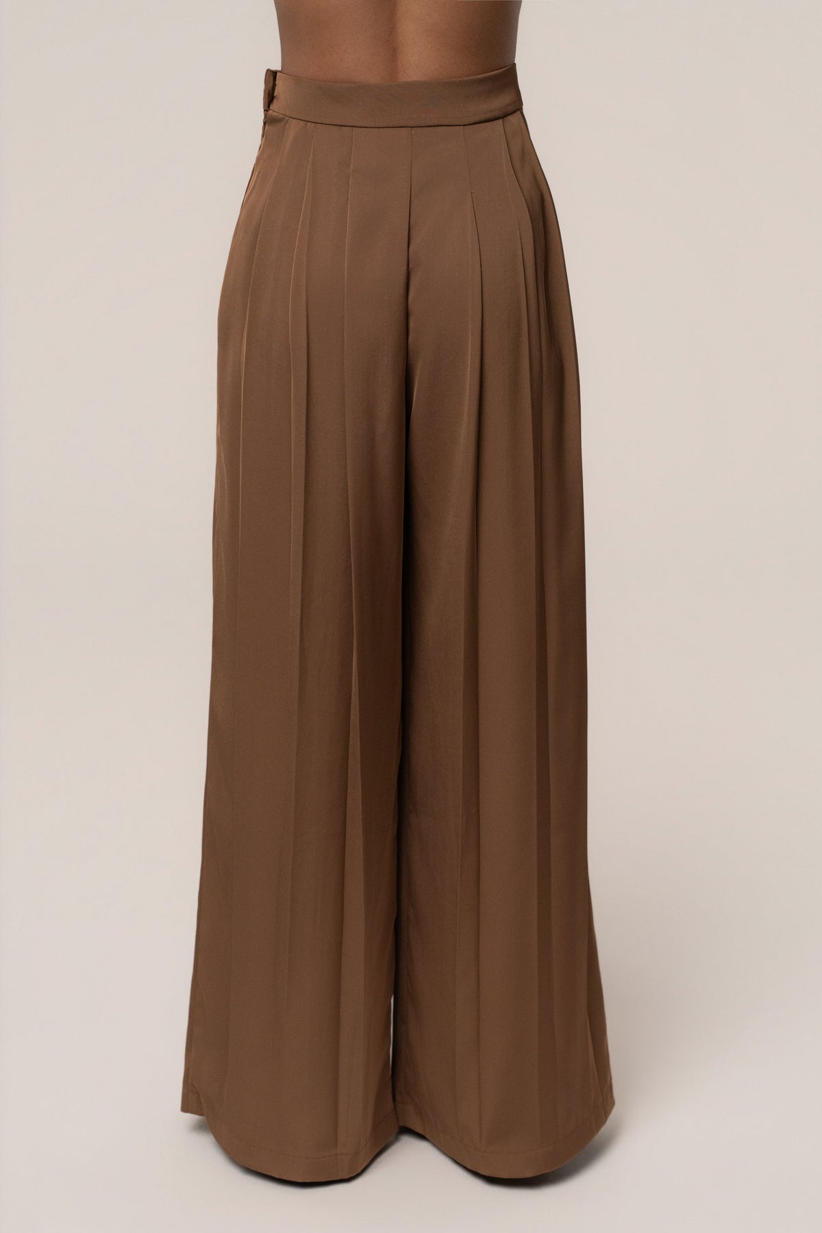 Brown Clara Wide Leg Pleated Trousers