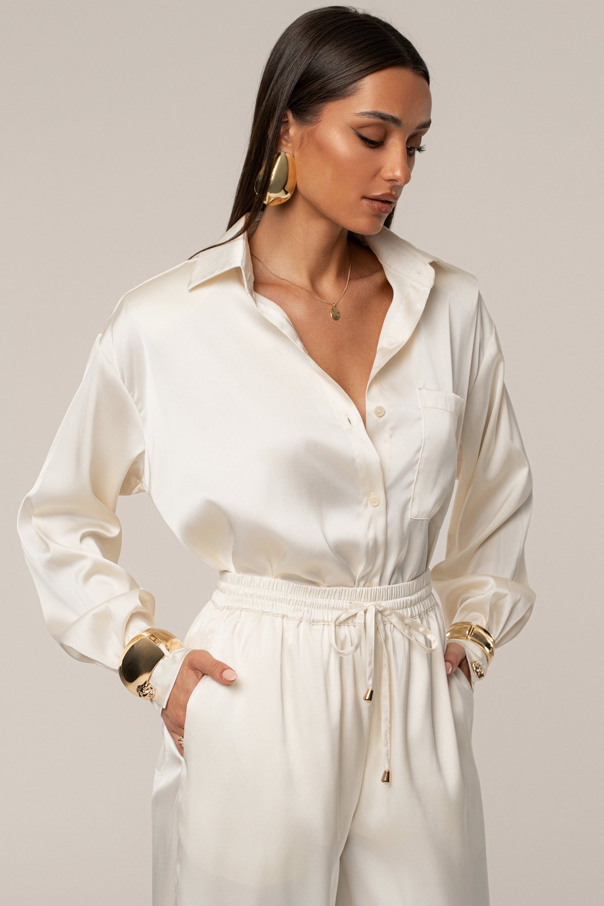 Ivory Island Ease Collared Satin Top
