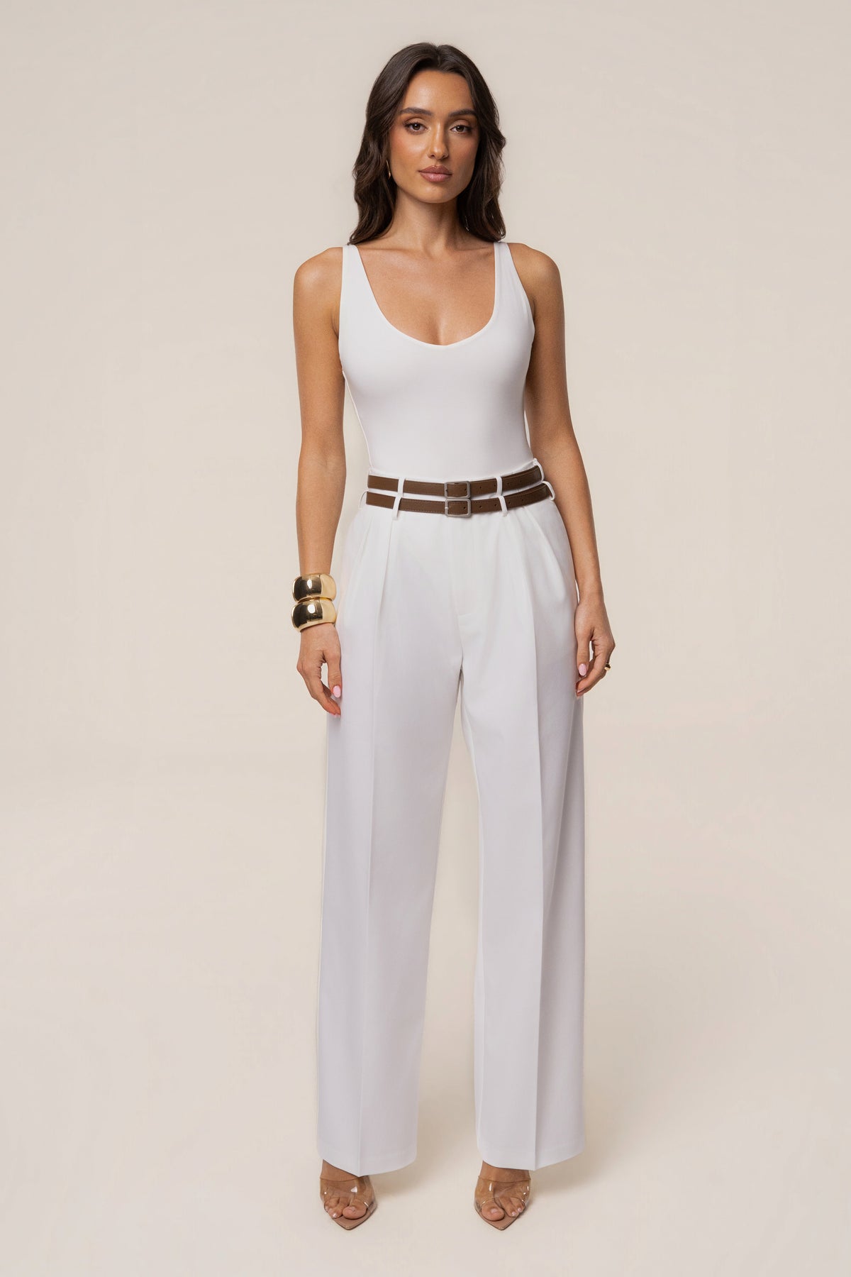 Ivory Modern Belted Trousers