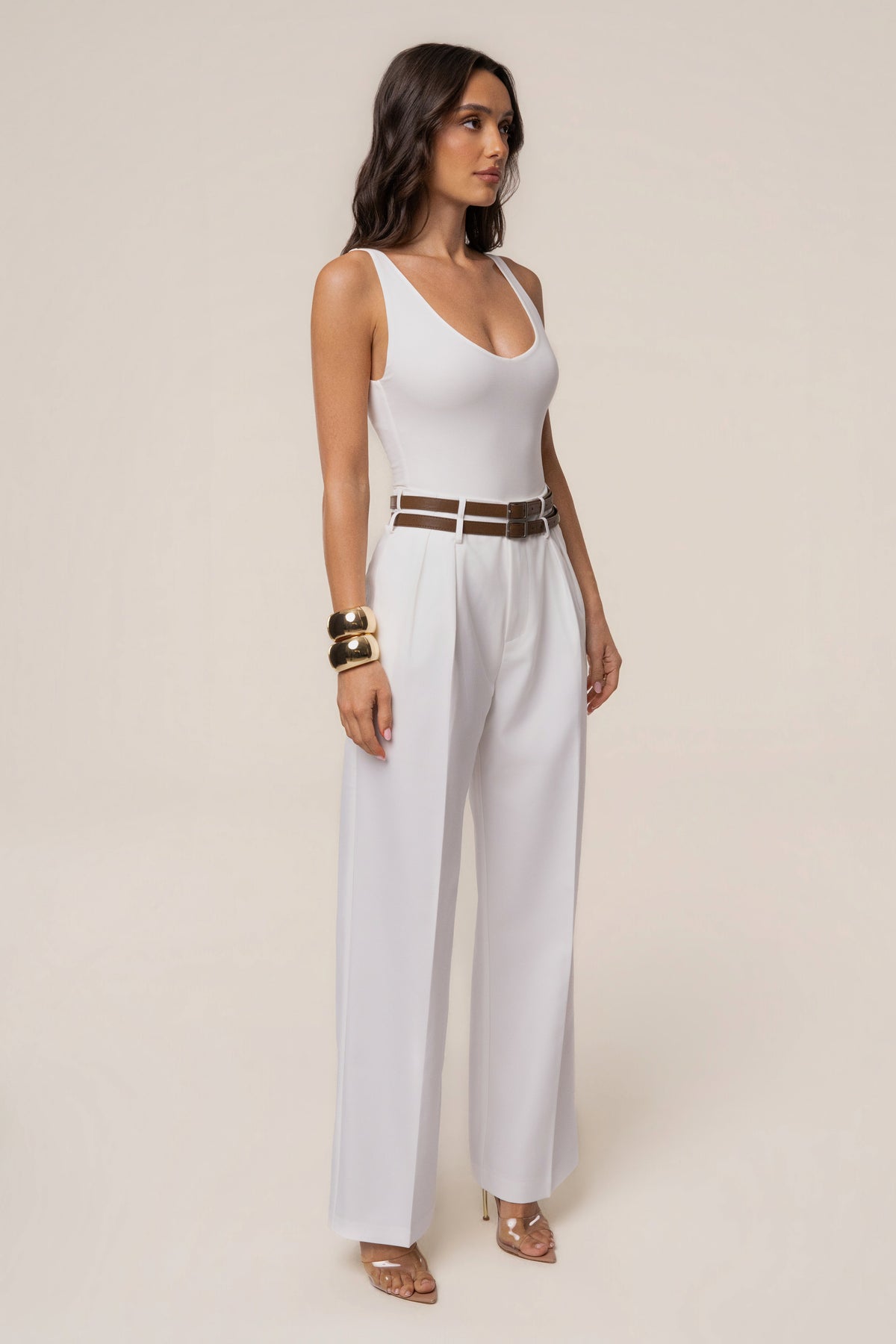 Ivory Modern Belted Trousers