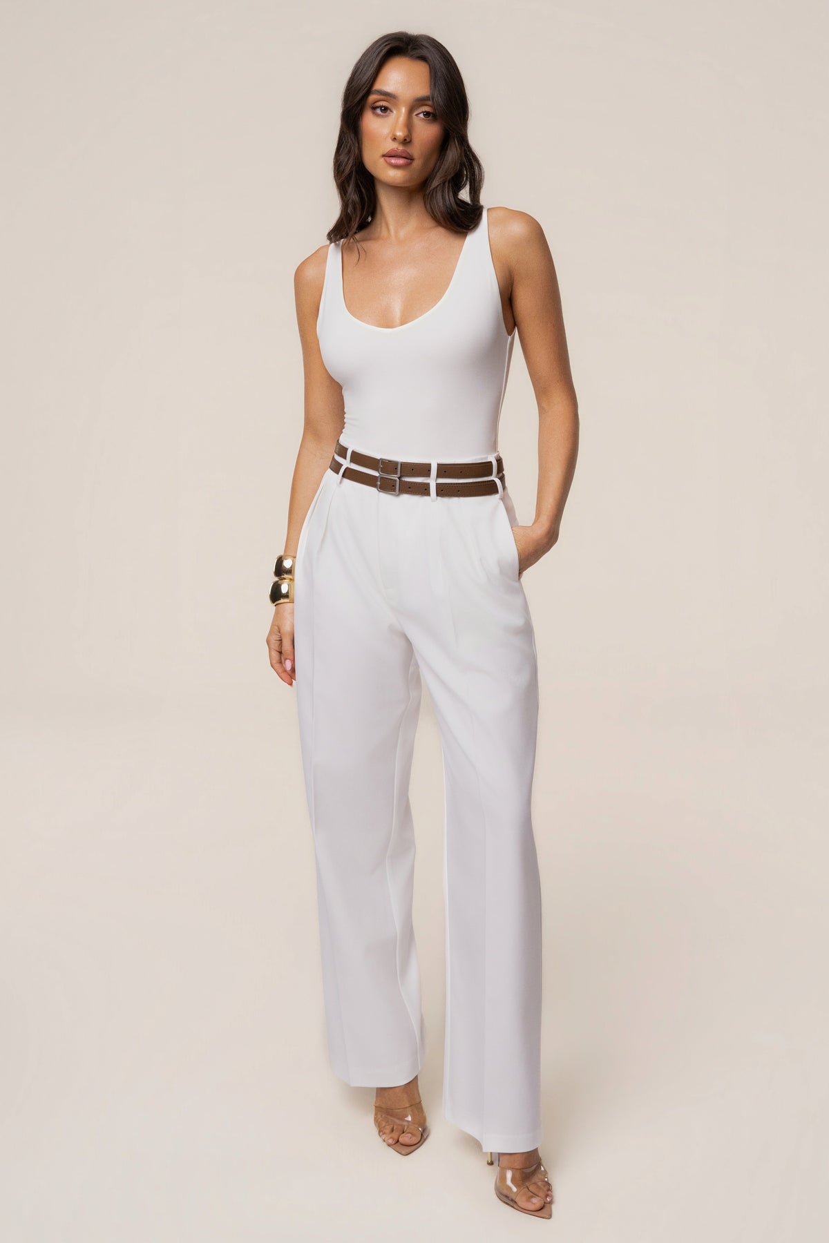 Ivory Modern Belted Trousers