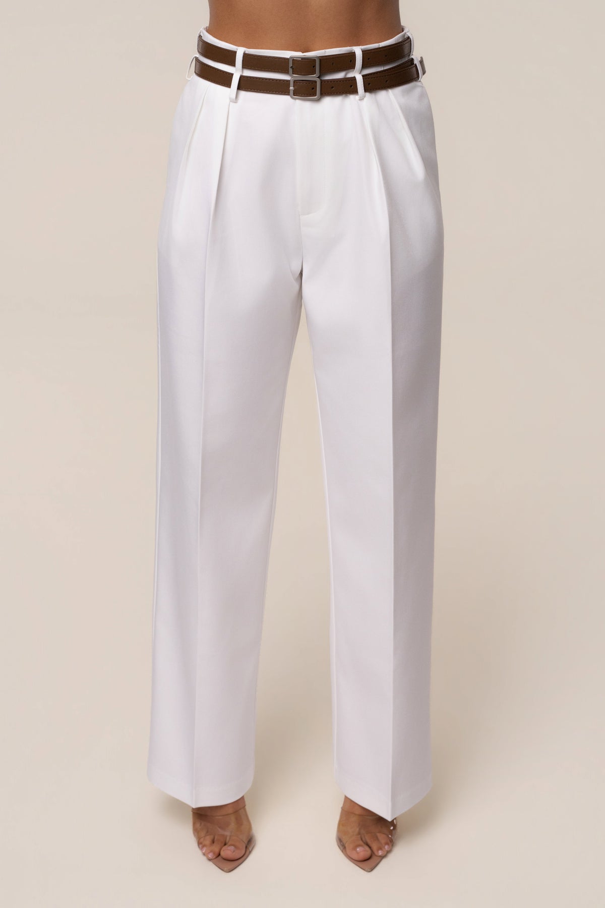 Ivory Modern Belted Trousers