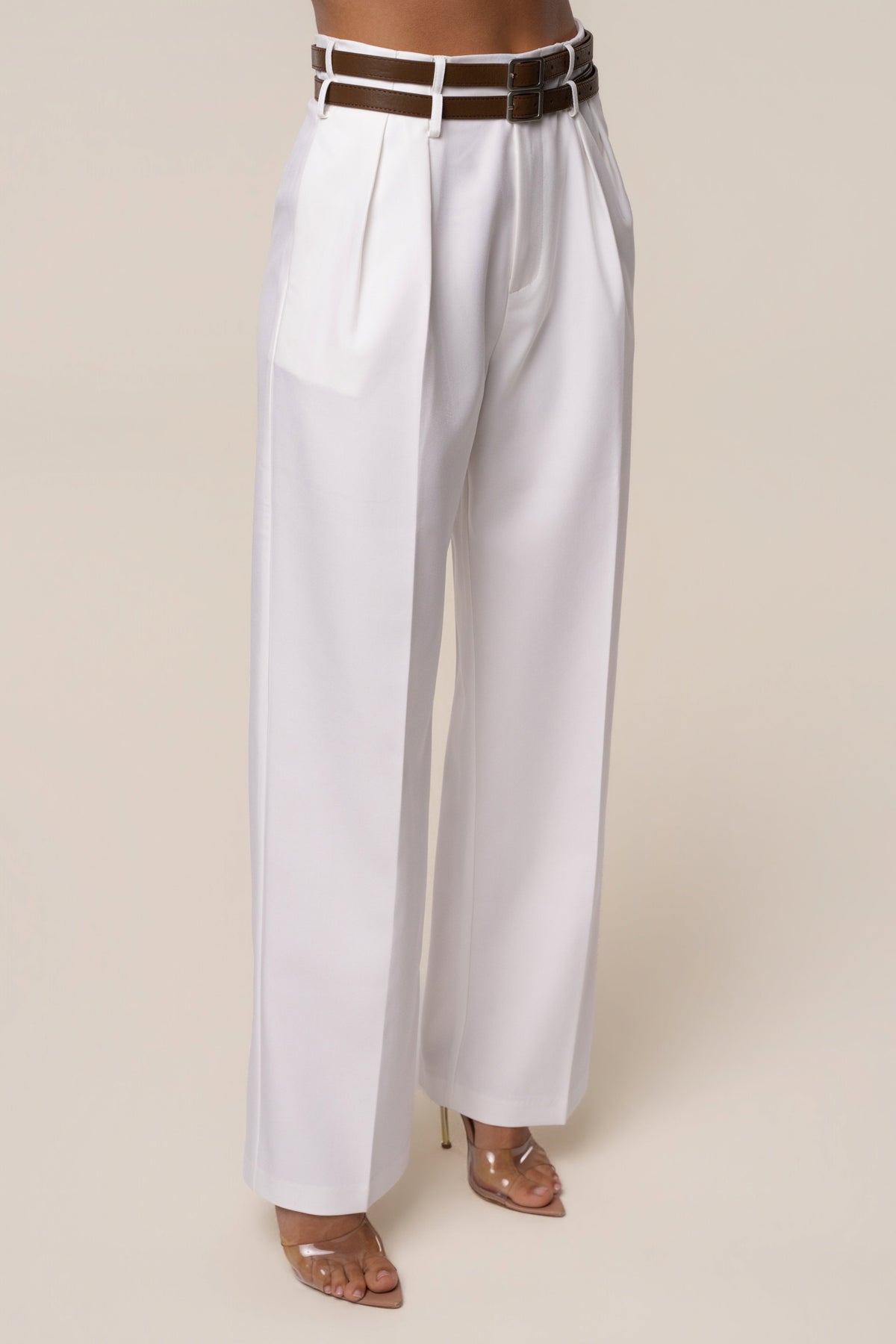 Ivory Modern Belted Trousers