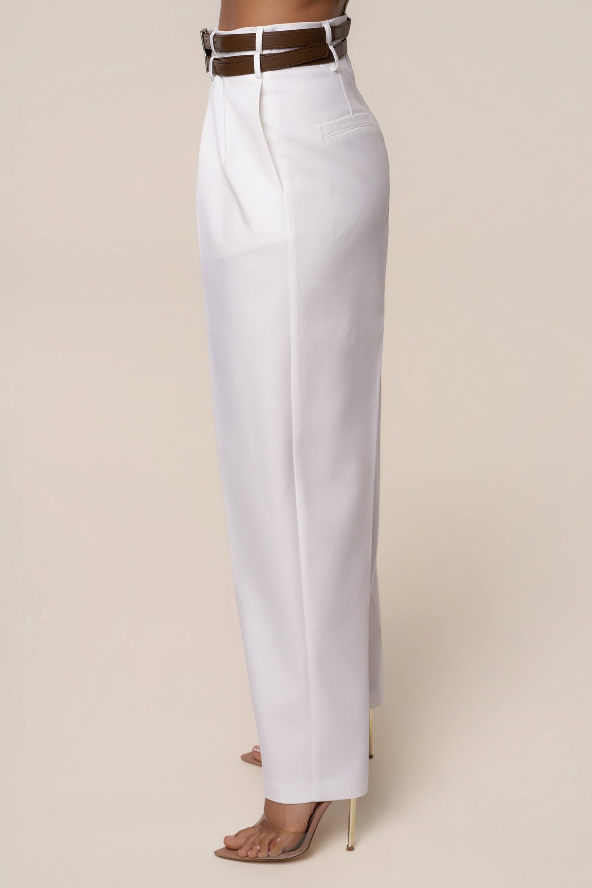 Ivory Modern Belted Trousers