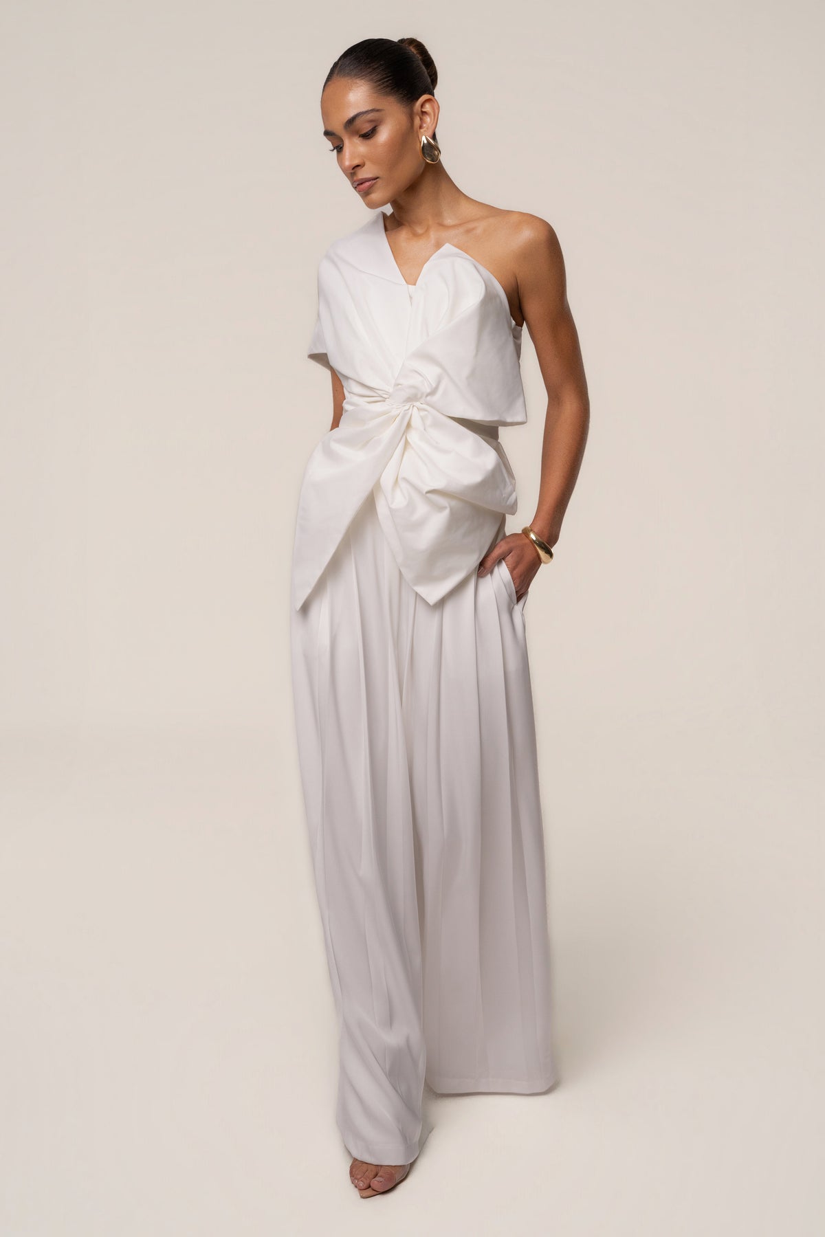 Ivory Clara Wide Leg Pleated Trousers