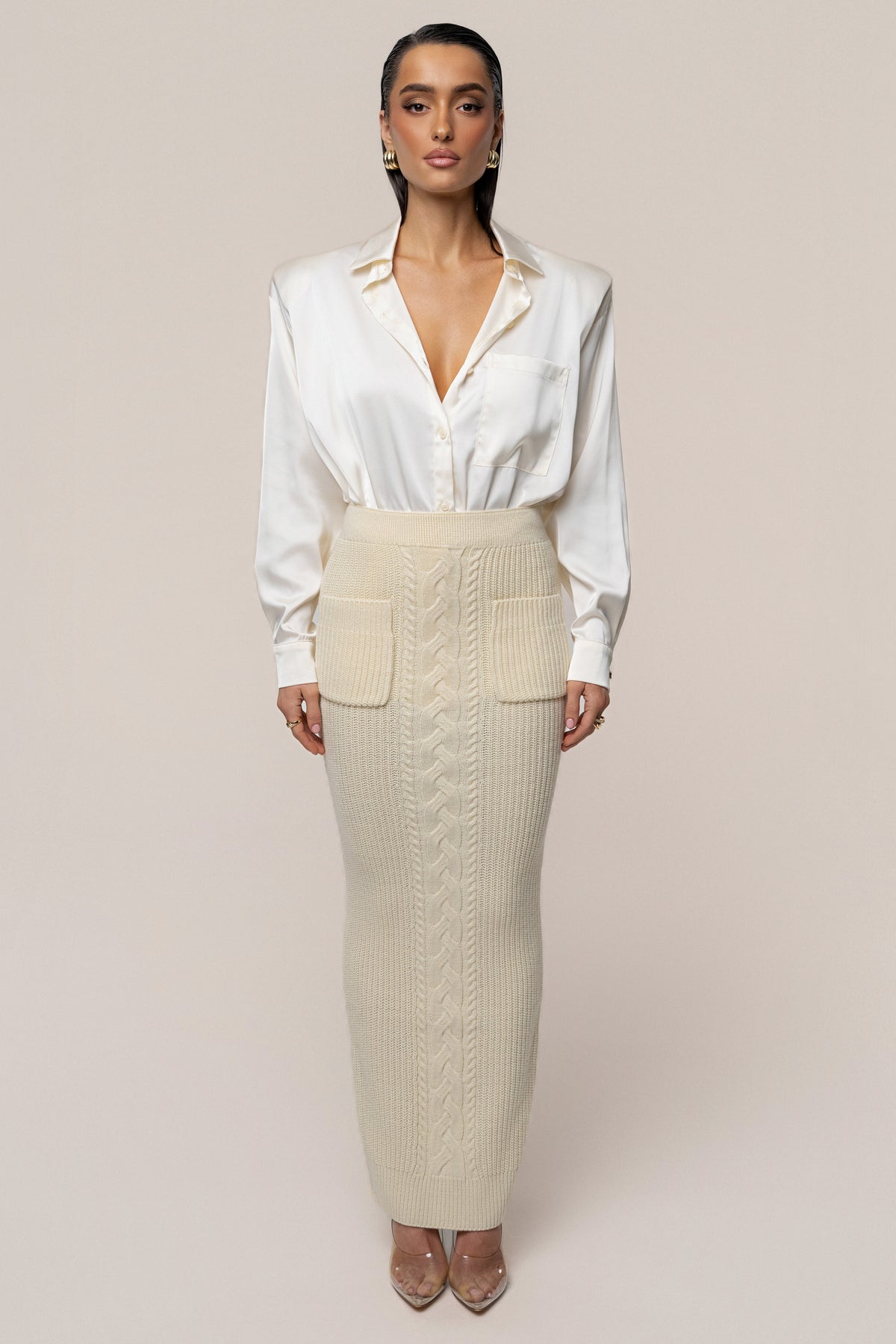 Cream Missy Cable Sweater Midi Skirt