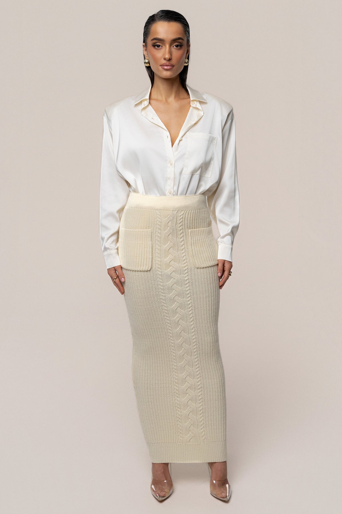 Cream Missy Cable Sweater Midi Skirt