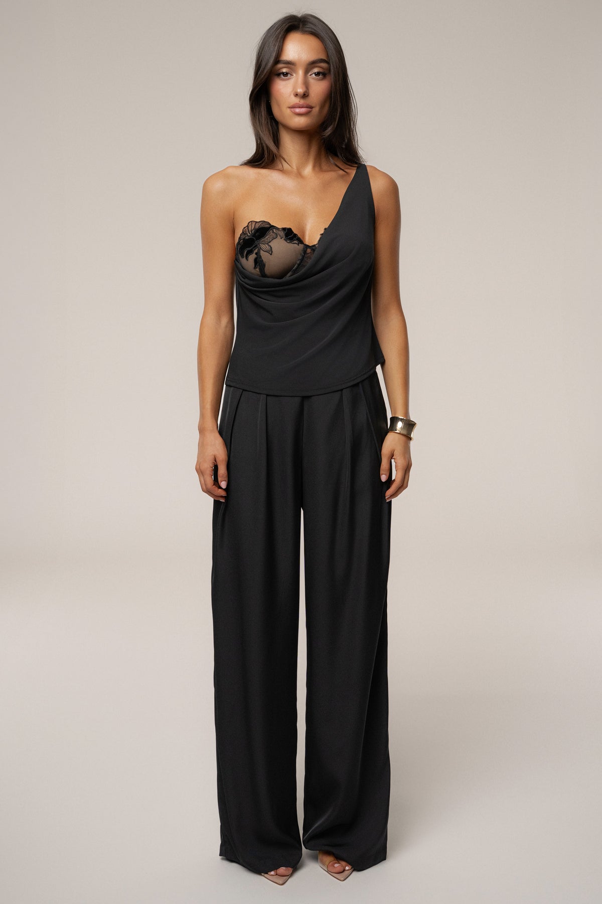 Black Velina Satin Cowl Top
