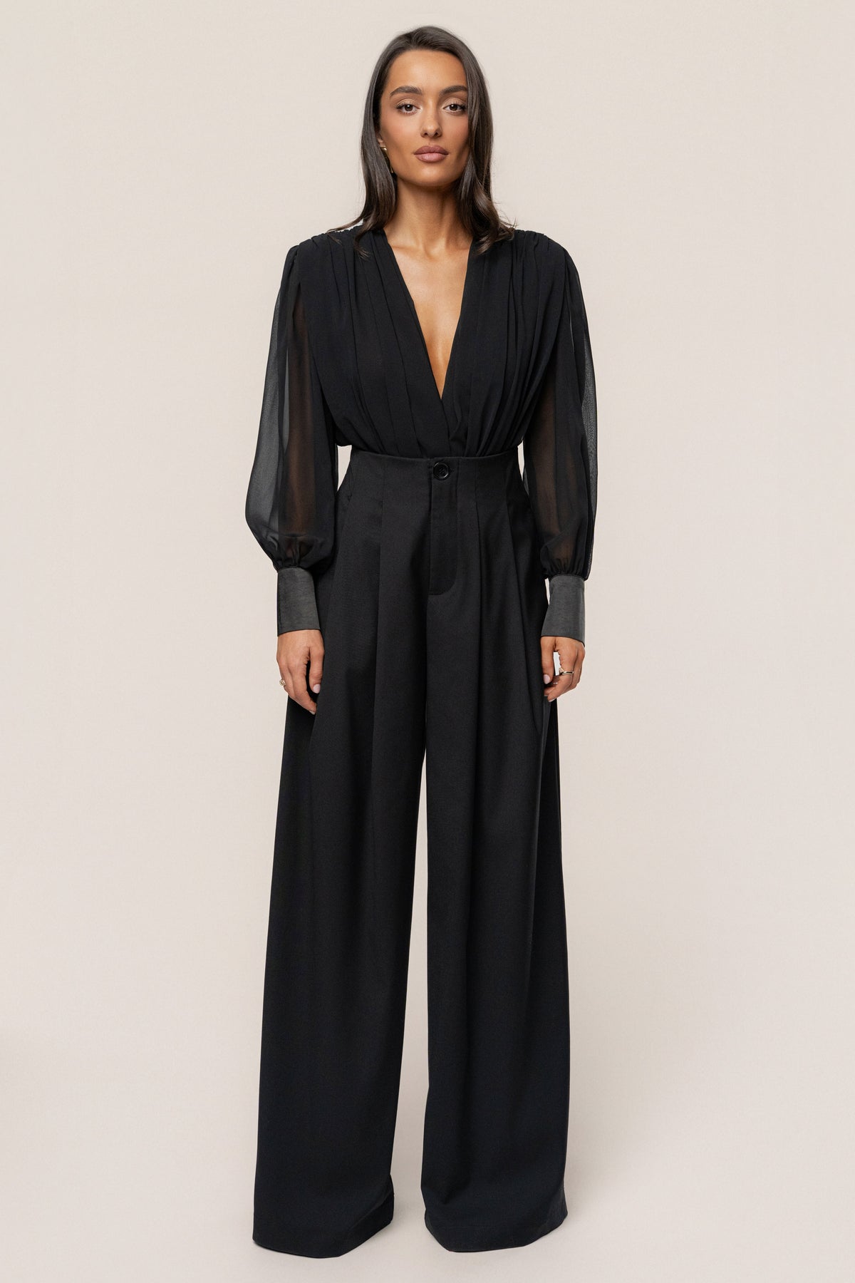 Black Polished Pleat Trouser