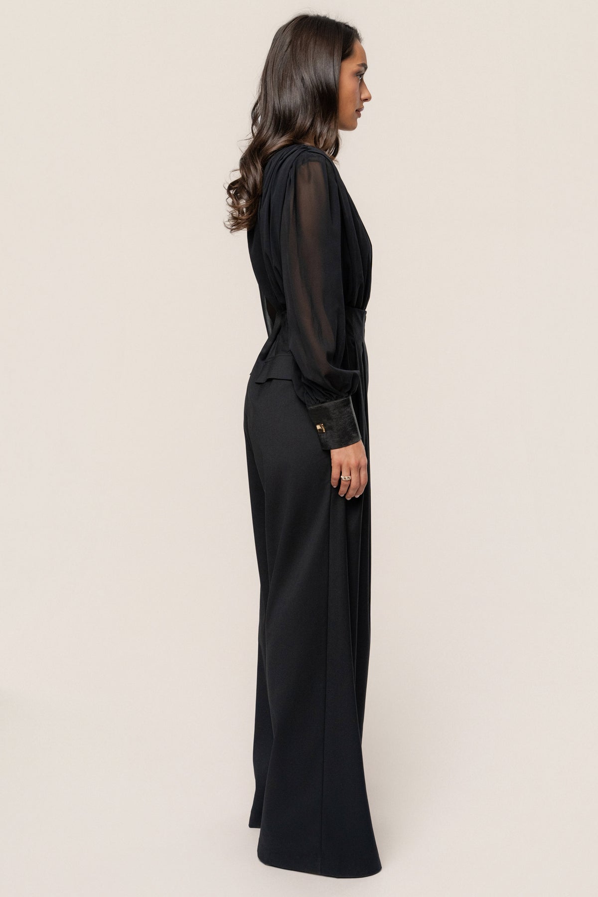 Black Polished Pleat Trouser