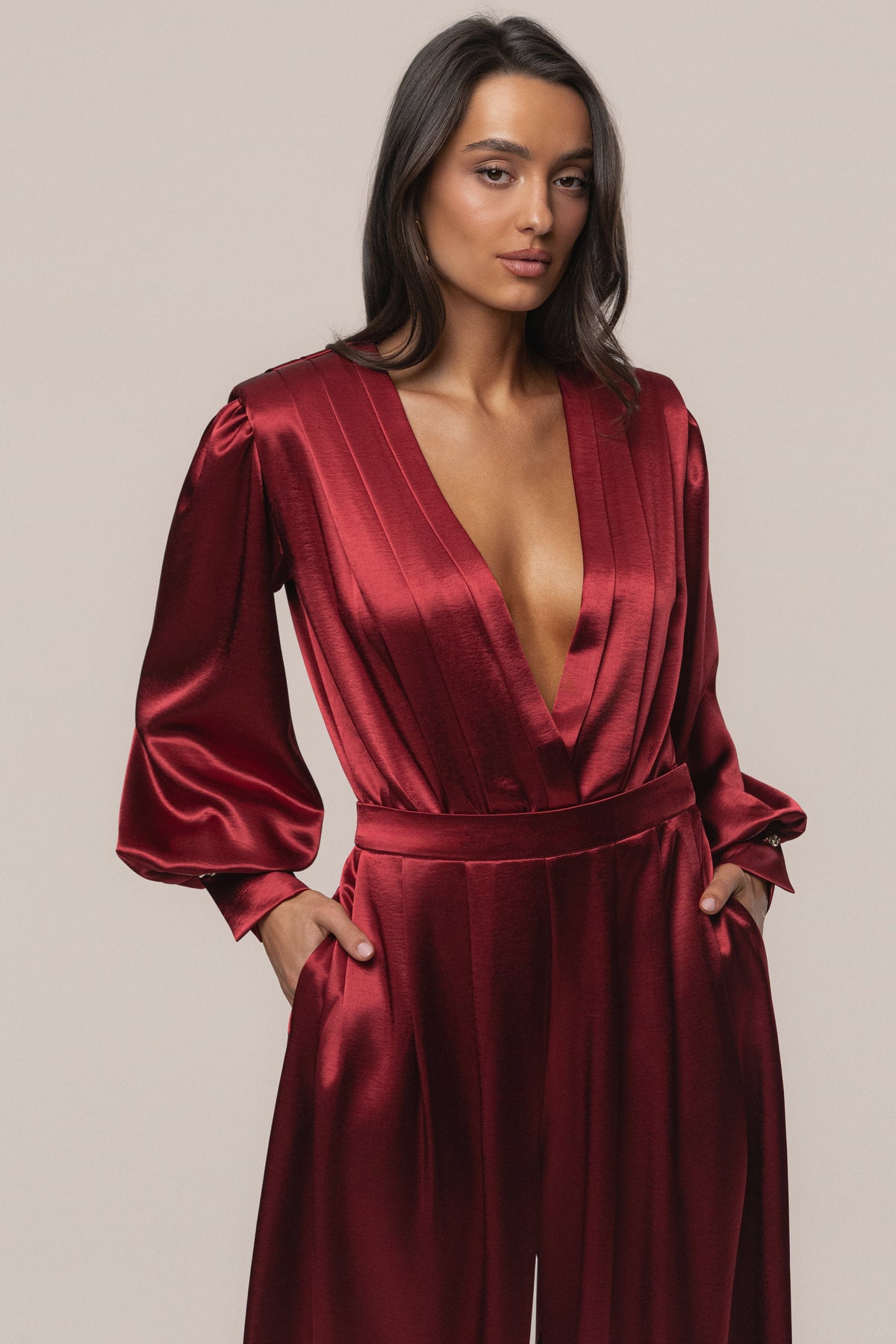 Burgundy Satin Bliss Pleated Pant